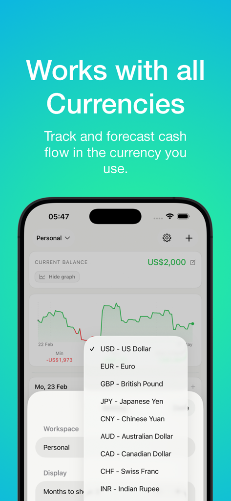 Smartphone screen of Cashflow Forecaster app displaying a list of supported currencies for financial tracking
