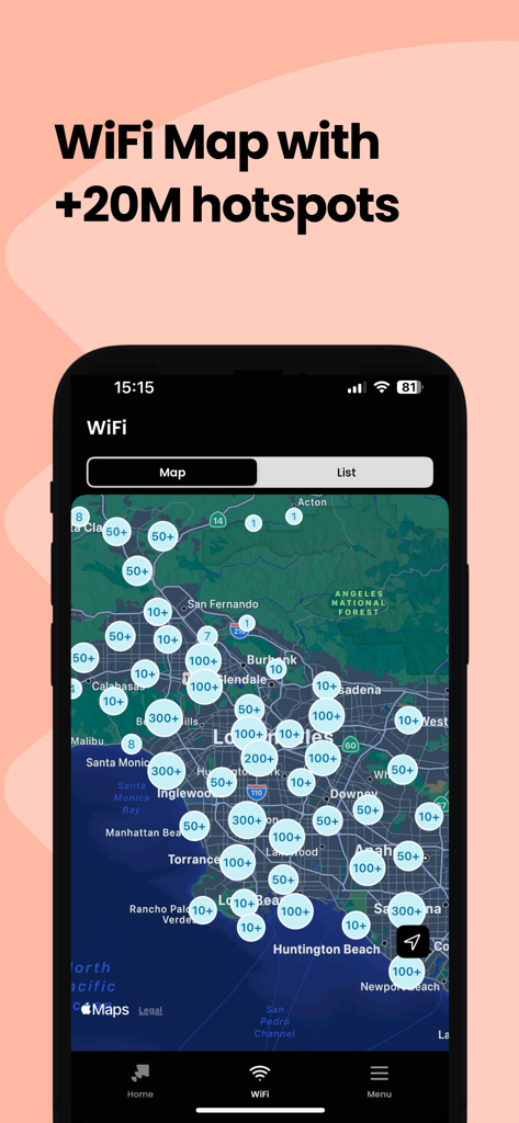 Instabridge: eSIM + Internet - Instabridge Mobile App-Oberfläche, die eine WiFi-Karte mit Millionen von Hotspots zeigt.