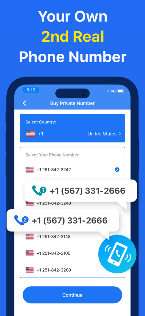 Interface of Text app showing the screen to select and buy a second private US phone number.