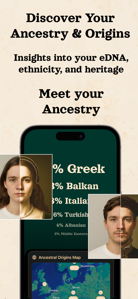 Écran de l'application Ancestor Lens montrant les pourcentages d'ethnicité et les comparaisons de reconnaissance faciale par IA avec des portraits historiques.