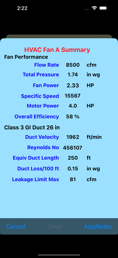 Fan Spec Performance - Summary screen of an HVAC fan and duct system showing flow rate pressure power and efficiency calculations
