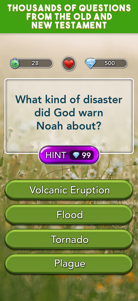 Daily Bible Trivia: Quiz Games - Daily Bible Trivia game screen showing a multiple choice question about Noah and the flood