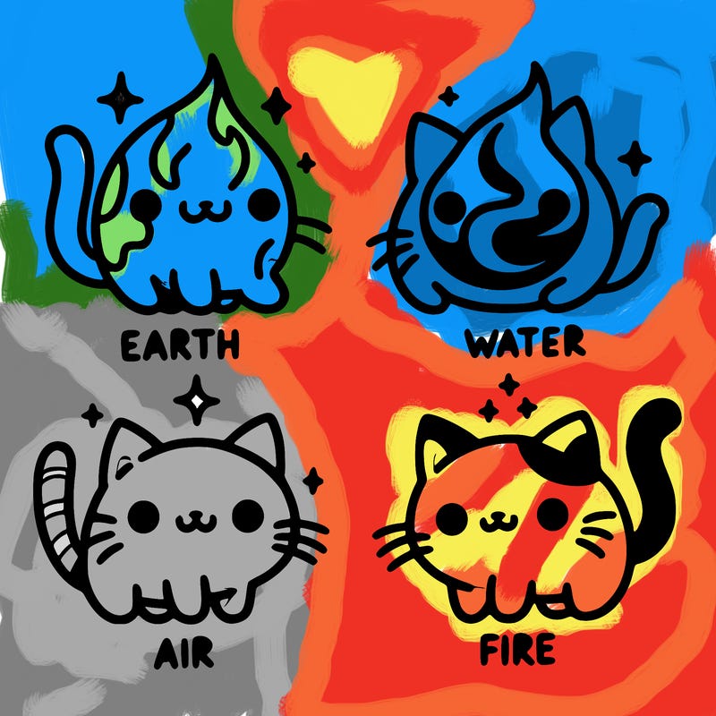 4 cats that represent the different elements, earth, water, air, and fire