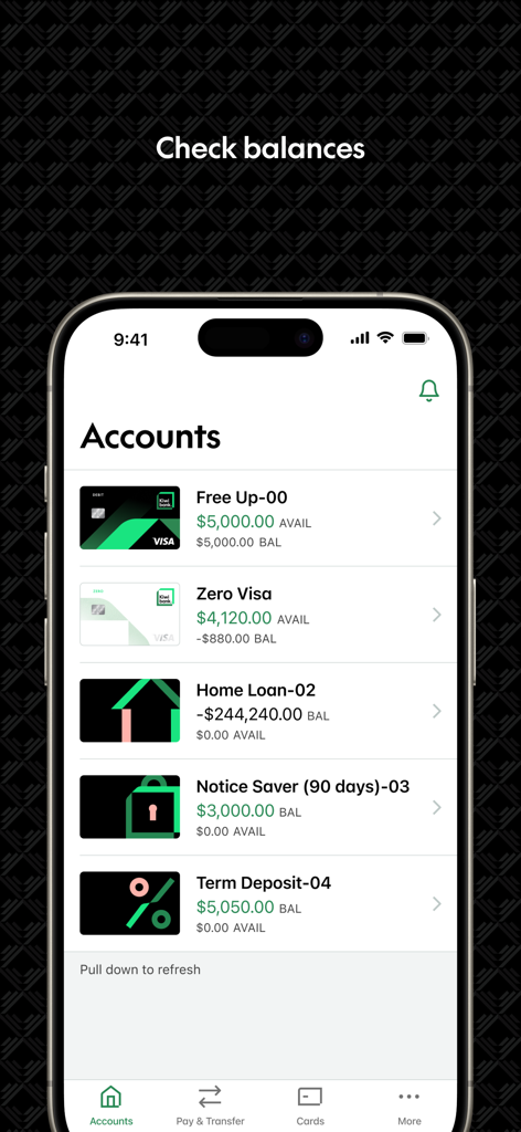 A mobile smartphone displaying the Kiwibank app accounts screen with balances for various financial products like credit cards and home loans.