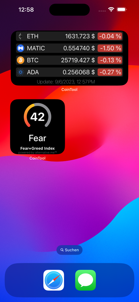 CoinTool - CoinTool iOS home screen widgets showing real-time cryptocurrency prices and the Fear and Greed market sentiment index