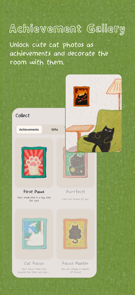 Cat On Chair: ADHD Focus - Achievement gallery in the Cat On Chair ADHD focus app showing collectible hand-drawn cat photos.