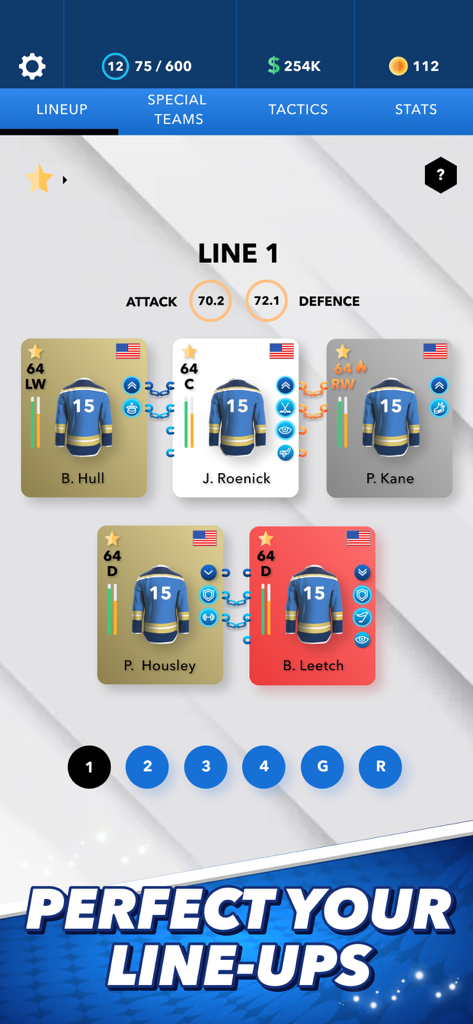 World Hockey Manager 2026 interface showing a custom hockey team lineup with player cards and tactical stats