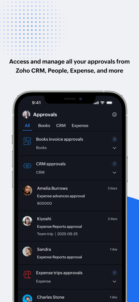 Pantalla de smartphone que muestra la interfaz unificada de aprobaciones de la aplicación Zoho One con solicitudes pendientes de los servicios de CRM y Gastos