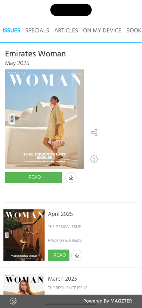 Emirates Woman - Interface of the Emirates Woman app showing digital magazine issues and covers