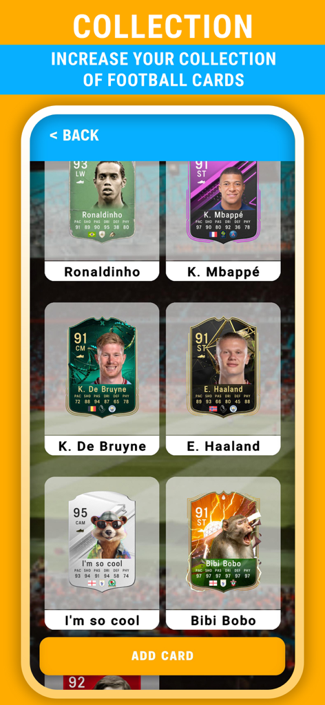 FC Card Creator 24 FUT - Collection gallery showing a variety of professional and custom football cards within the app.