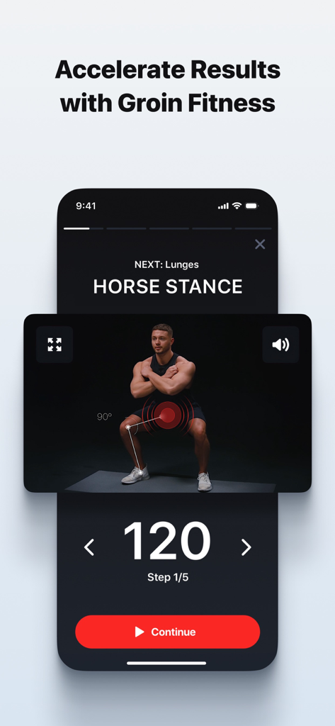 Dr. Kegel: For Men’s Health - Interface de l'application Dr. Kegel montrant une démonstration d'exercice de posture du cheval pour le fitness de l'aine