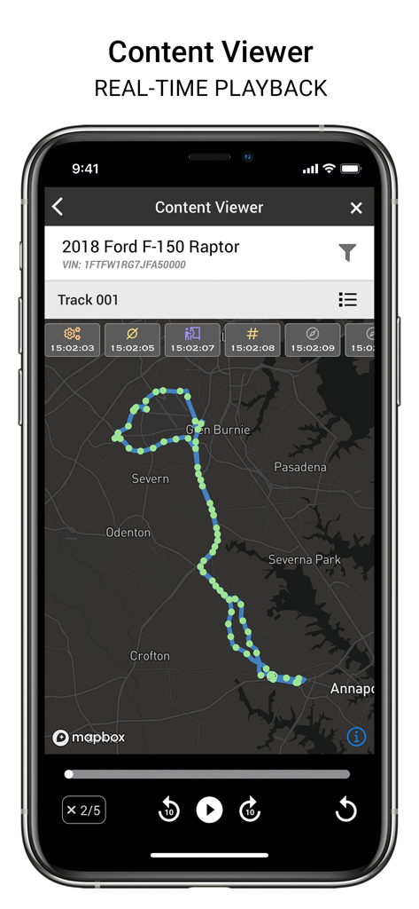 iVe-Mobile - iVe-Mobile app Content Viewer screen showing real-time playback of a vehicle GPS track on a map for a Ford F-150 Raptor
