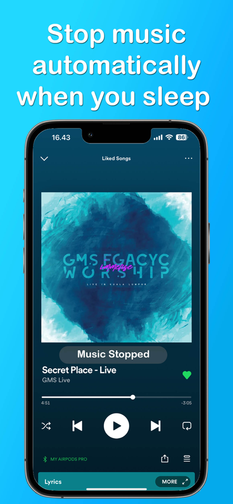 Sleep Timer: Stop Music Player - Pantalla de iPhone mostrando la reproducción de música detenida automáticamente por la aplicación Temporizador de Sueño.
