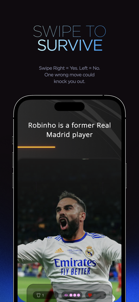 Super.One Fan Battle mobile app screen showing a soccer trivia question with swipe right for yes and left for no gameplay.