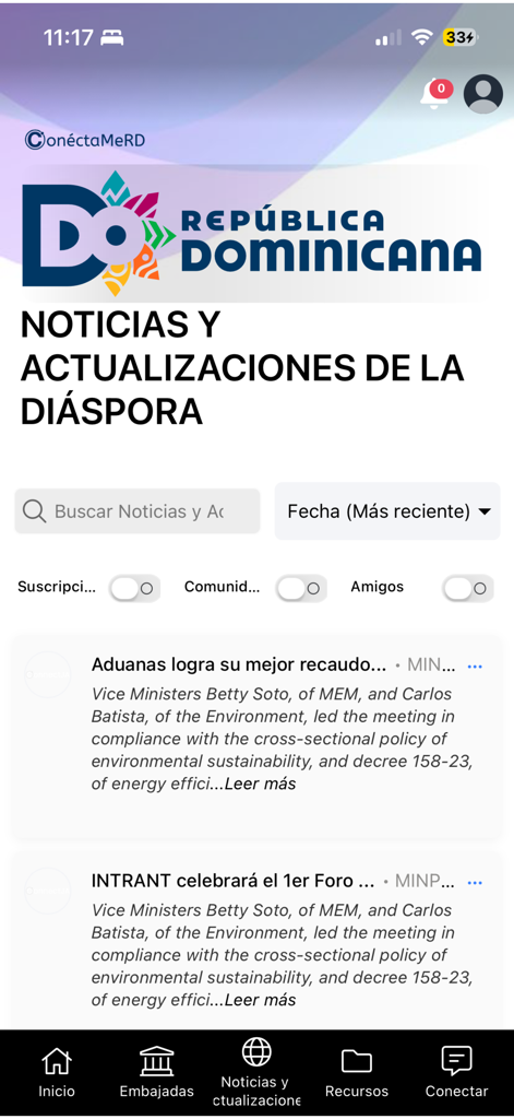 ConnectMeRD - A screenshot of the ConnectMeRD app news feed featuring updates for the Dominican diaspora.