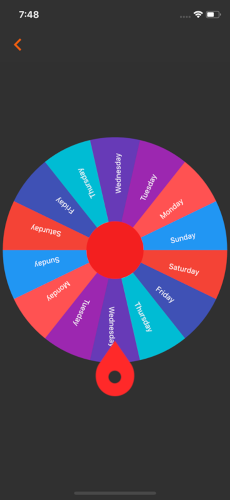 Una colorida rueda giratoria con segmentos etiquetados para cada día de la semana en la aplicación My Decision Roulette