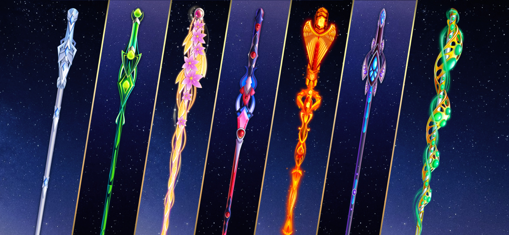 8 Ball Blitz - Billiards Games - A collection of seven stylized and glowing legendary pool cues with unique designs.