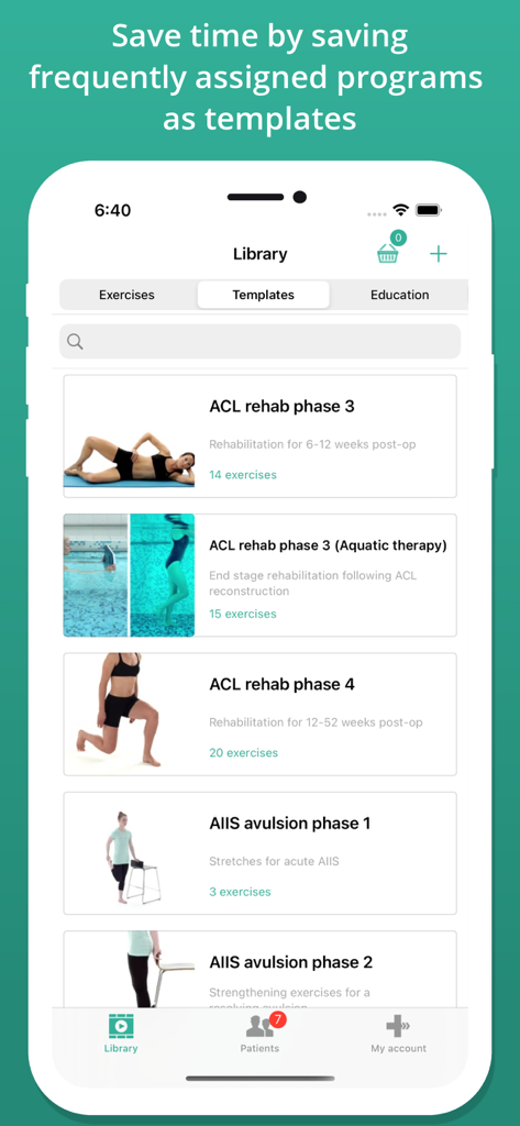 Pantalla de la aplicación Physitrack que muestra una biblioteca de plantillas de programas de rehabilitación para fisioterapeutas