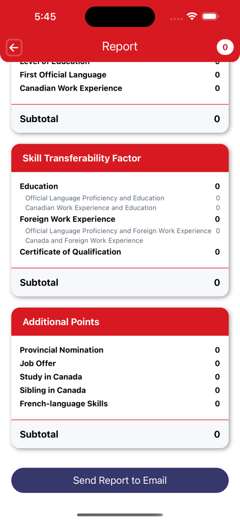 Detailed CRS score report screen showing skill transferability and additional points categories for Canada PR