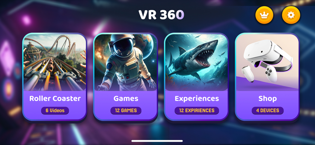 Tela principal do menu do aplicativo VR 360, mostrando categorias para montanhas-russas, jogos e experiências.