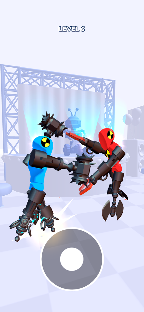 Merge Ragdoll Fighting - Blaue und rote Ragdoll-Stickman-Figuren mit Waffenaufsätzen kämpfen in Level 6.