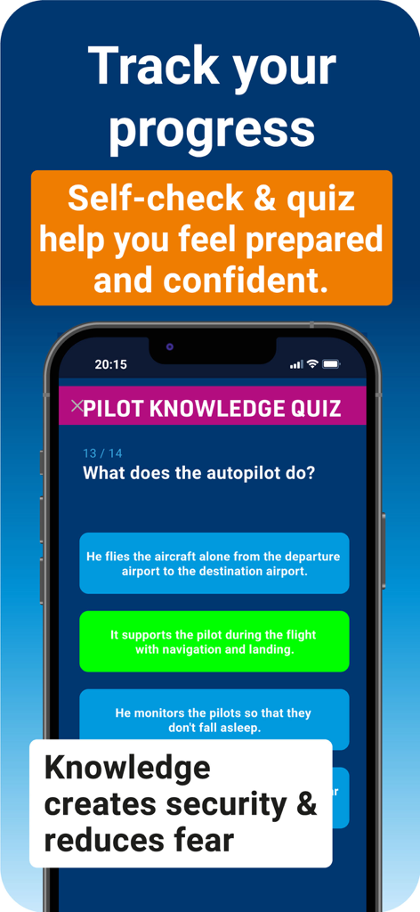 PassengerGuard: Fear of Flying - Pantalla del cuestionario de conocimientos de pilotos de la aplicación PassengerGuard que muestra una pregunta sobre la funcionalidad del piloto automático para ayudar a reducir la ansiedad al volar