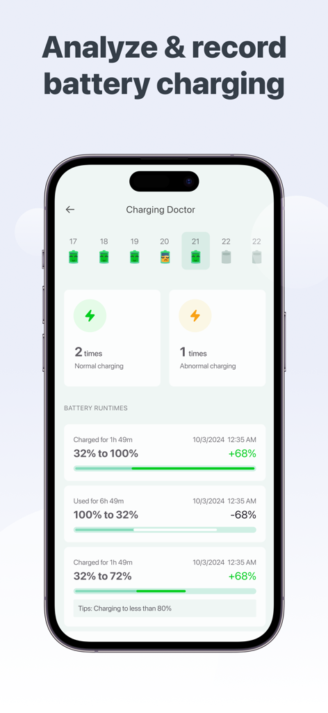 Live Wallpaper: Charging App - Pantalla de iPhone que muestra un historial detallado de carga de batería y datos de análisis de uso.