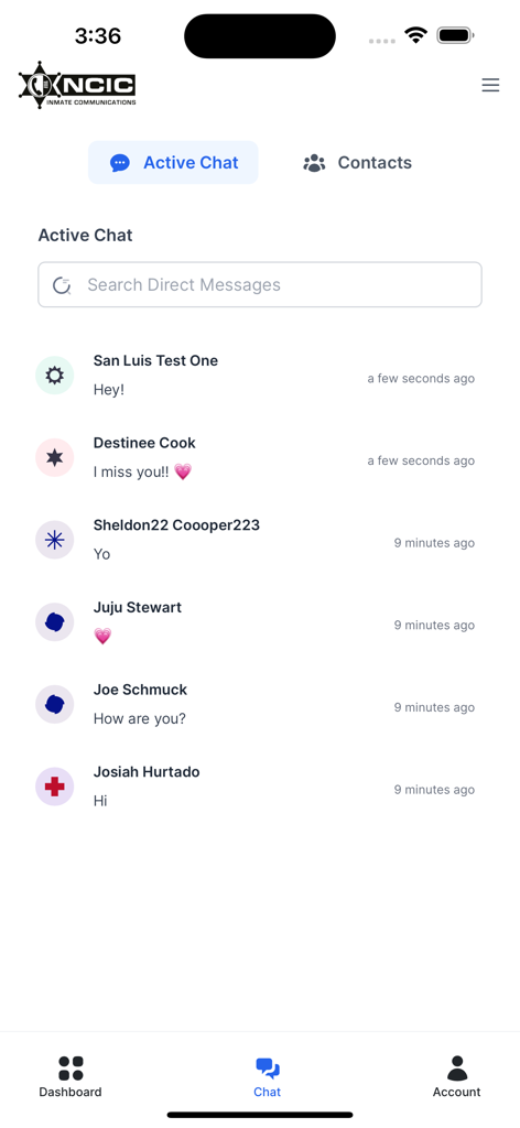 Active chat screen showing a list of messages in the NCIC app