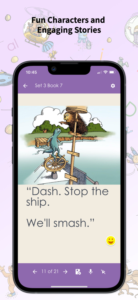Reading For All Learners 1-8 - Pantalla de la aplicación Lectura para todos los estudiantes que muestra una historia de fonética con un personaje de foca en un barco