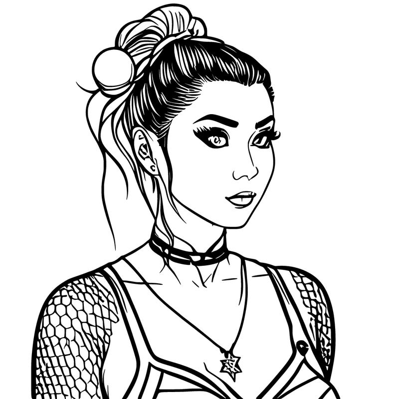 girl with messy bun rose tattoos fish net stallings black  choker and only half her body showing lastly anime body and eyes