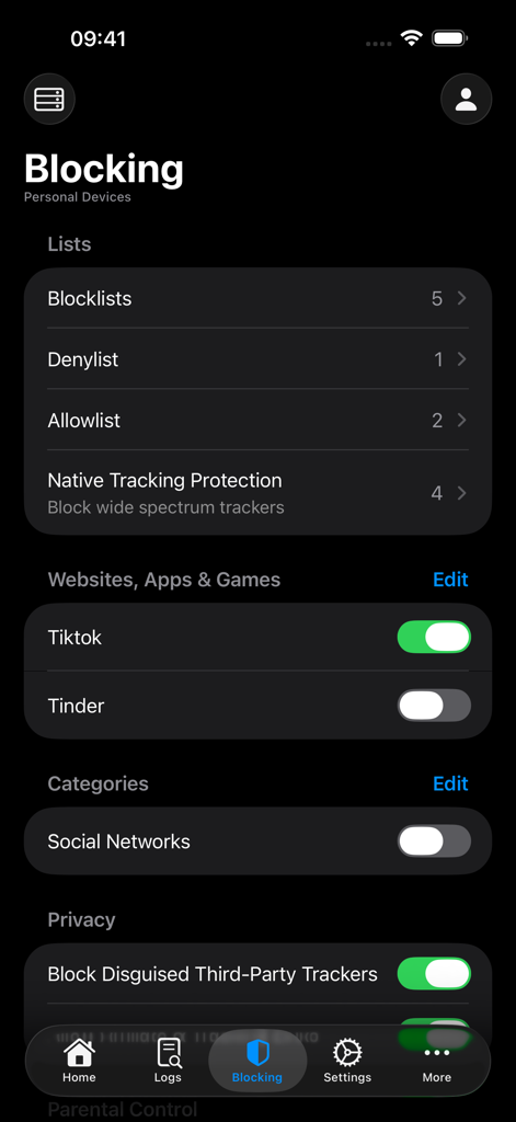 NextDNS Remote - Interface of the NextDNS Remote app showing blocking settings for specific apps and privacy trackers.