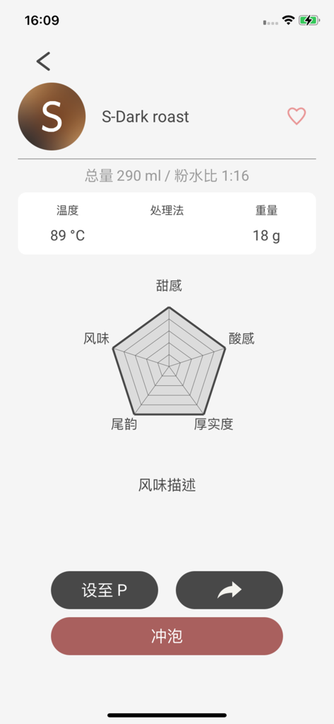 Uno schermo di un'app mobile che mostra una ricetta per la preparazione del caffè per una tostatura scura con un grafico radar del profilo aromatico e parametri di preparazione.