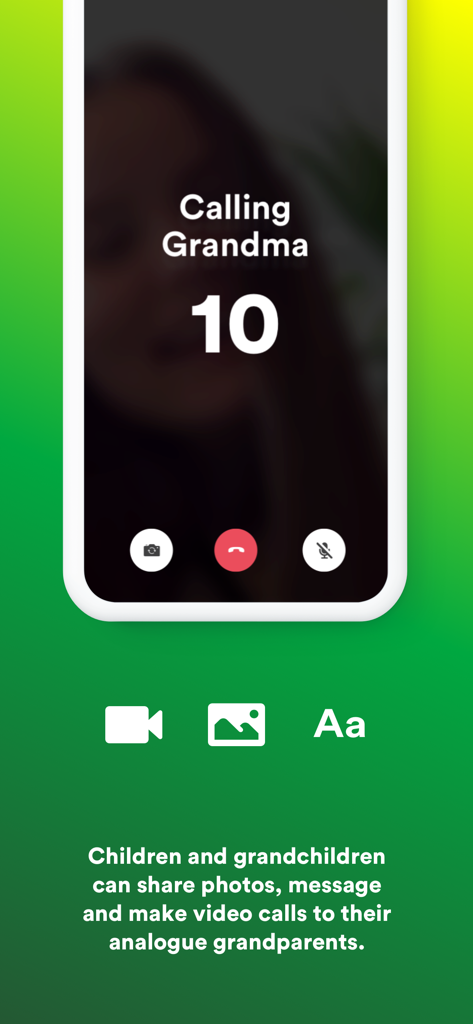 Ein Smartphone-Bildschirm, der einen Videoanruf-Countdown mit dem Text Anruf bei Oma und Symbolen für Fotos und Nachrichten anzeigt