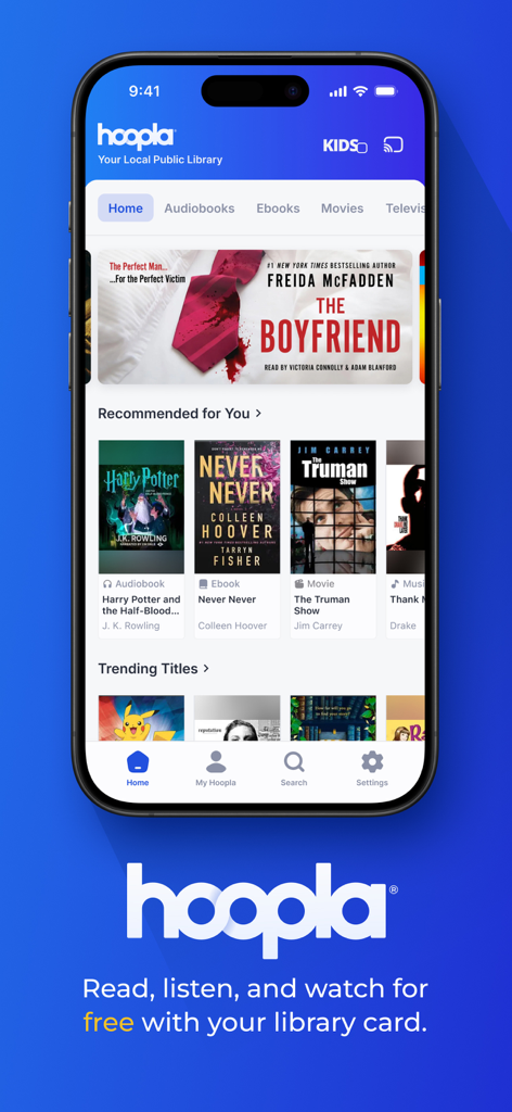 L'écran d'accueil de l'application mobile Hoopla Digital affiche des recommandations de contenu numérique gratuit