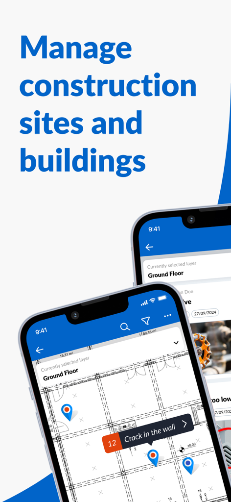 PlanRadar Construction Manager - PlanRadar mobile app interface showing a digital floor plan with pinned construction defects and task management features