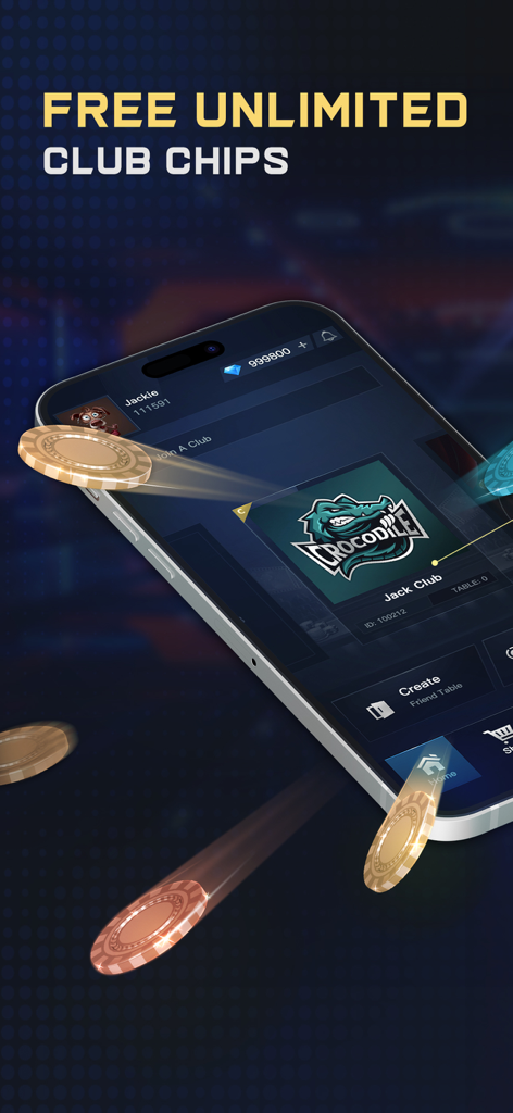 Smartphone che mostra l'interfaccia dell'app PokerMan con fiches gratuite illimitate per il club e fiches da poker che cadono.