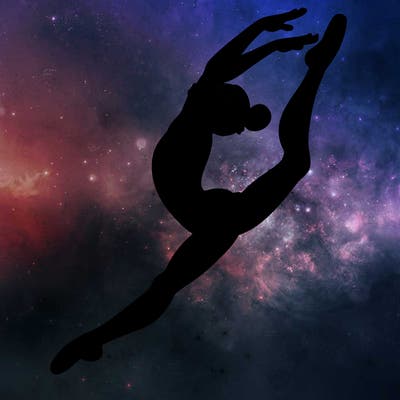 gymnast doing a leap in a leotard with a bent back leg
