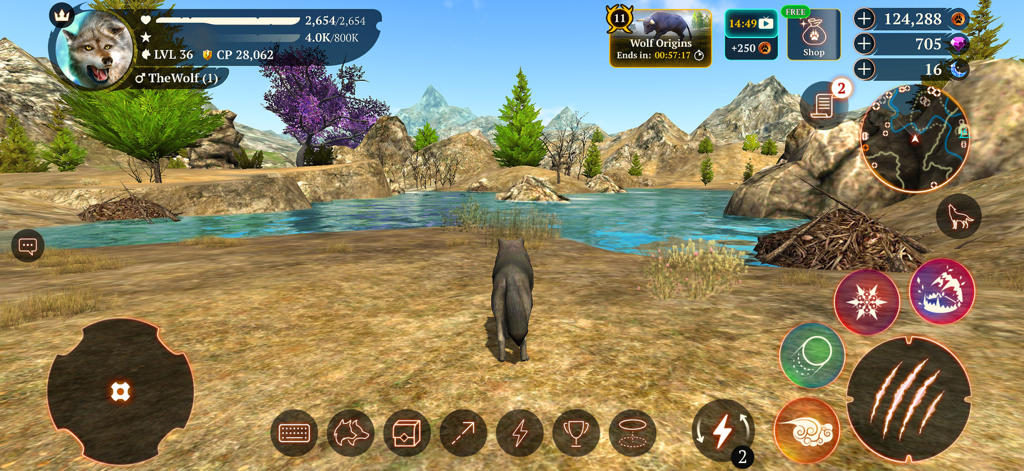 Un personaje de lobo explorando un paisaje natural en 3D con montañas y un lago en The Wolf Animal Game MMORPG.