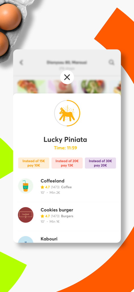 Foody Cyprus - Food Delivery - Funzione Lucky Piniata nell'app Foody Cipro che mostra sconti sul cibo a tempo limitato.