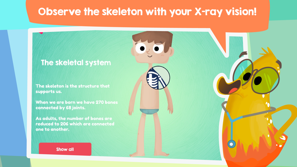 Doctor Justabout and the Human body - 子供の肋骨のX線ビューと教育的事実を特徴とする、ジャスタバウト博士アプリの骨格系レッスンのスクリーンショット