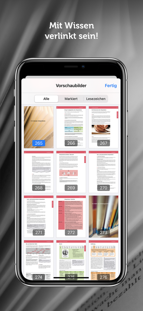 A smartphone screen showing a grid of ebook page thumbnails within the Fachmedien Orell Fussli app.