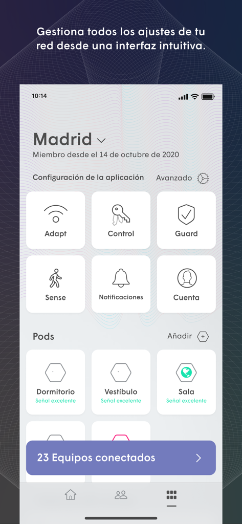 TIGO wifi+ - Panel de la aplicación móvil TIGO wifi plus que muestra la configuración de administración de red y los pods de malla conectados.