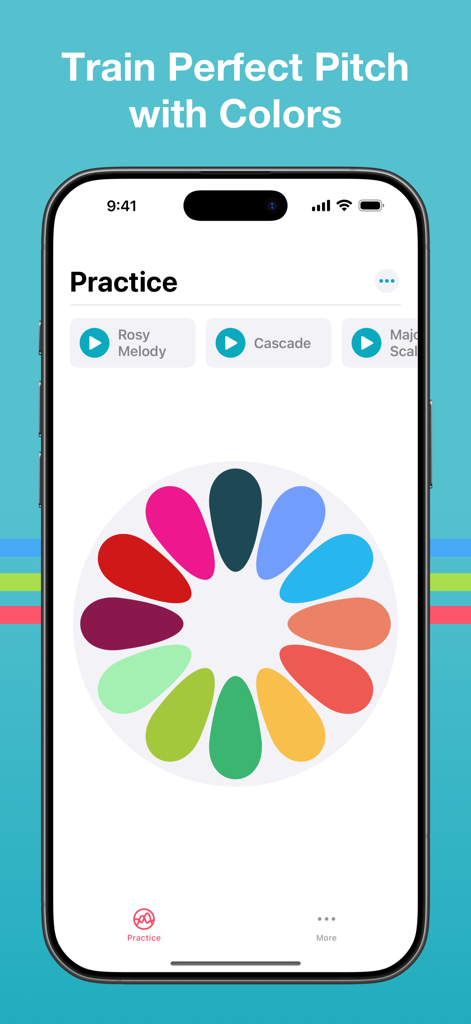 Perfect Pitch — Synesthesia - Interfaz de smartphone de la aplicación Perfect Pitch que muestra una rueda sinestésica colorida para la práctica del entrenamiento auditivo.