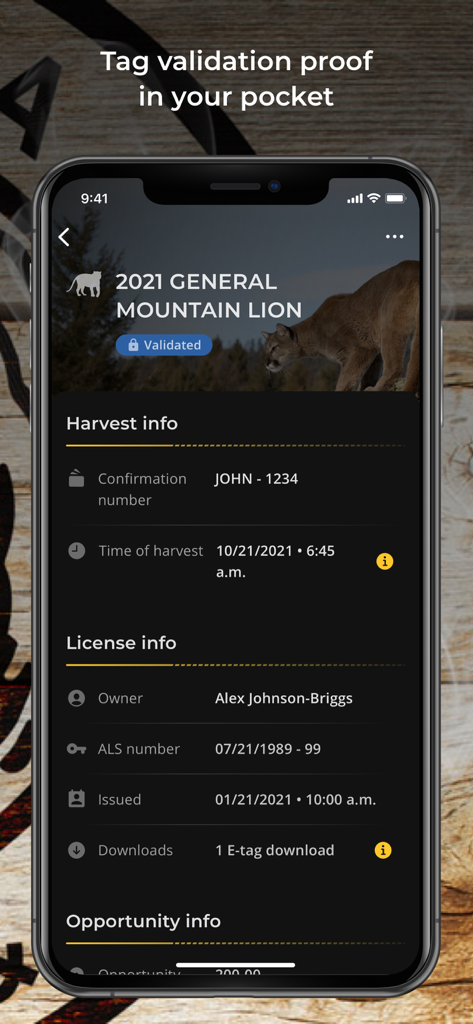 Montana MyFWP - Smartphone screen displaying a validated mountain lion hunting e-tag in the Montana MyFWP app.