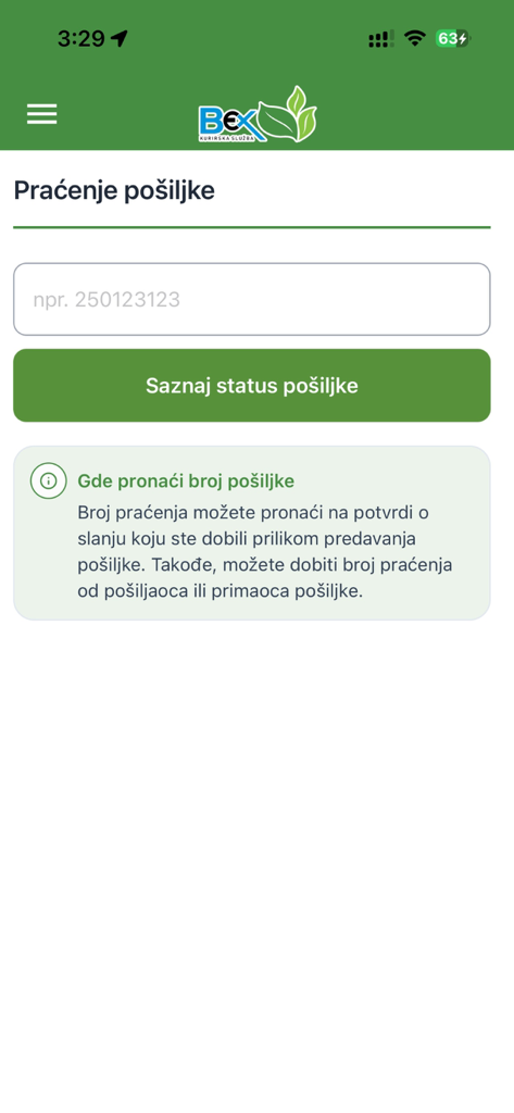 Bex Mobile - Shipment tracking screen in the Bex Mobile app with a tracking number input field and check status button