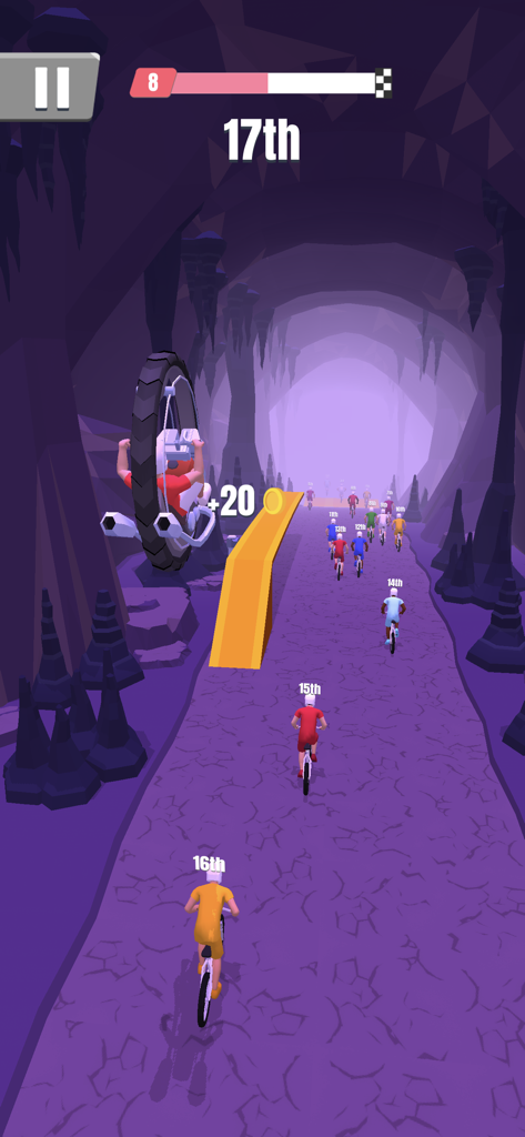 Bike Rush - Gameplay de Bike Rush mostrando um ciclista realizando um flip no ar em um ambiente de caverna roxa.