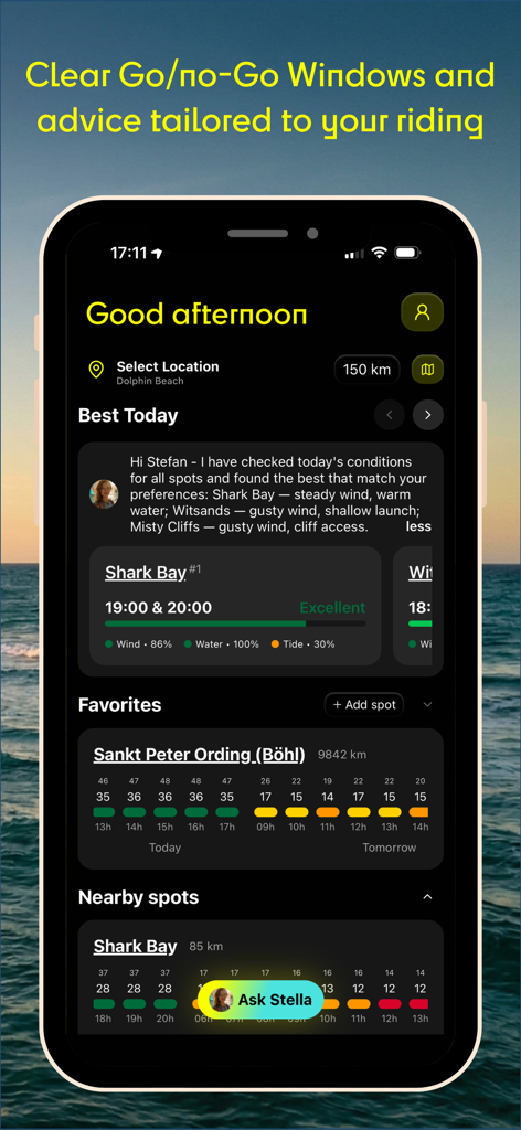 GoSalty – Kitesurf Playbook - GoSalty app interface showing kitesurfing wind windows and spot recommendations
