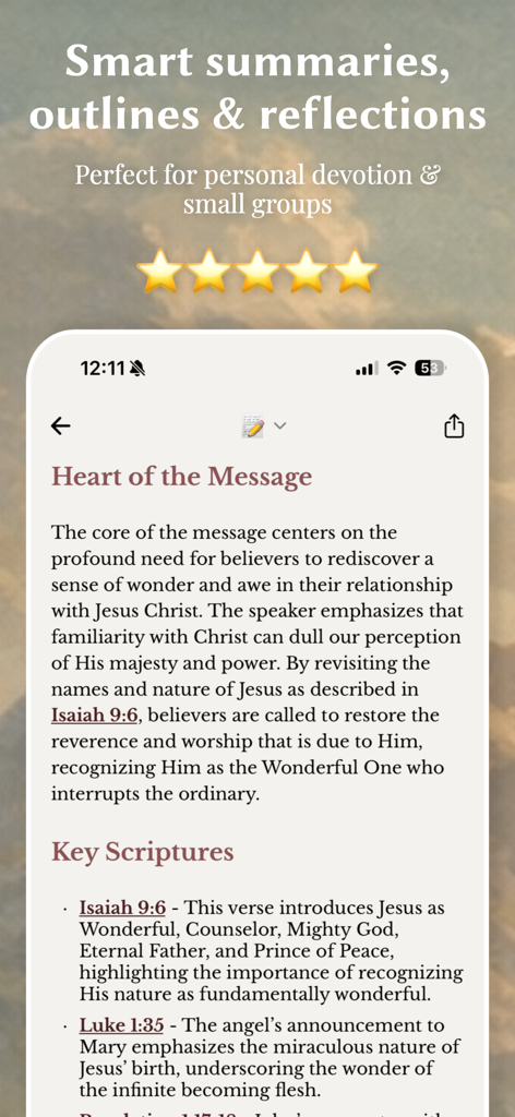 Sermon Scribe: Christian Notes - Sermon Scribe app interface showing smart summaries and key scripture references
