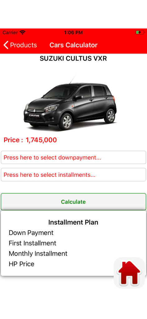 CSD Pakistan app car installment calculator interface for Suzuki Cultus