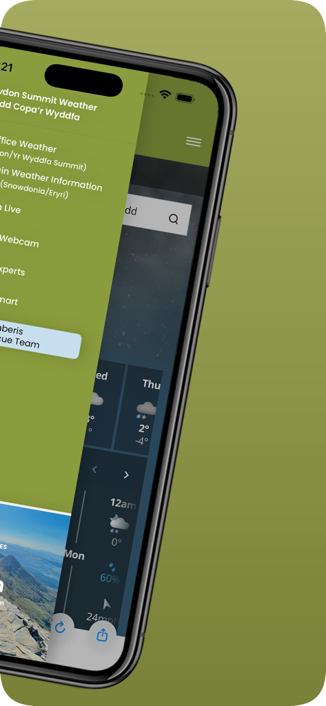 Snowdon Summit Weather - Side navigation menu of the Snowdon Summit Weather app showing weather forecast sources and mountain safety resources.